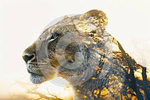 A lioness blended with the golden hues of the African savanna at sunrise in a double exposure