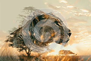 A lioness blended with the golden hues of the African savanna at sunrise in a double exposure