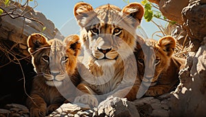 Lioness and cub in African wilderness, majestic beauty generated by AI