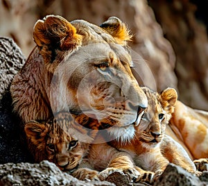 Lioness cuddles with her young cub photo