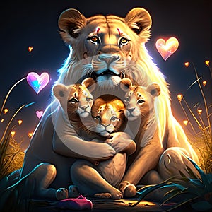 Lioness with Cubs hugging heart Lion family in love with a lioness. Vector illustration. AI Generated animal ai