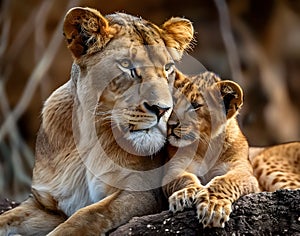 Lioness cuddles with her young cub