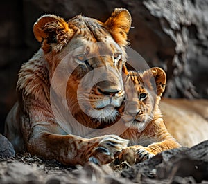 Lioness cuddles with her young cub