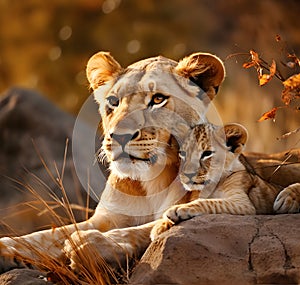 Lioness cuddles with her young cub - AI generated