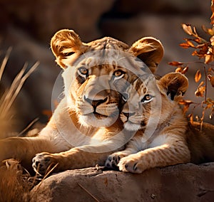 Lioness cuddles with her young cub - AI generated