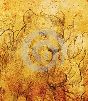 Lioness with flower, pencil drawing. Color effect and Computer collage.