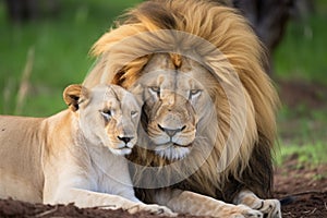 lioness grooming the mane of a male lion