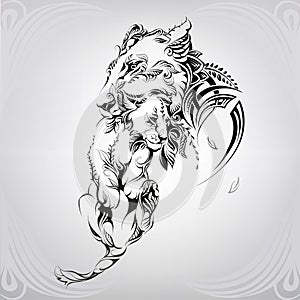 Lioness with a lion cub in the ornament. vector illustration