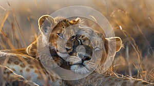 Lioness and lion cub in the savannah at sunset.