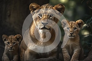 Lioness with lion cubs. Generative AI