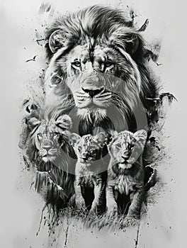 Lioness with lion cubs, image as a tattoo template