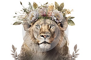lioness lion face with floral flower crown on head isolated on white in style of art illustration drawing painting