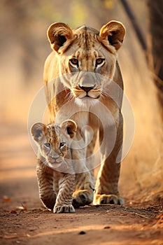 Lioness with a little lion cub. Selective focus.