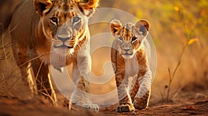 Lioness with a little lion cub. Selective focus.