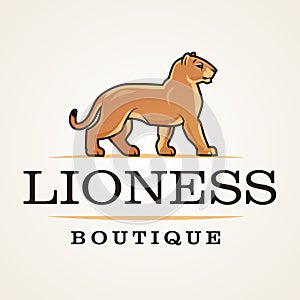 Lioness logo vector. Lion design template. Shop or boutique illustration. Big cat insignia, Cougar logotype on light