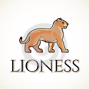 Lioness logo vector. Lion design template. Shop or boutique illustration. Big cat insignia, Cougar logotype on light