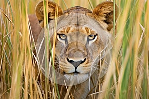 a lioness prowling behind tall grasses