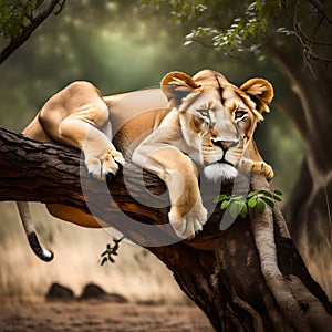 Lioness resting on a tree branch - ai generated image