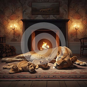 Lioness rests with cubs in front of open fire