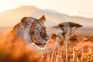 Lioness in the savannah at sunset, Serengeti National Park. Generative AI