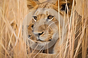 a lioness snuggling her cub within tall grasses