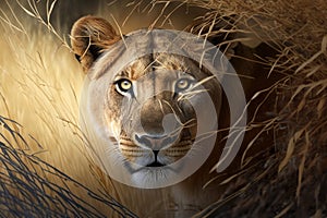 Lioness stalking her prey in the African savannah. Created with generative AI technology