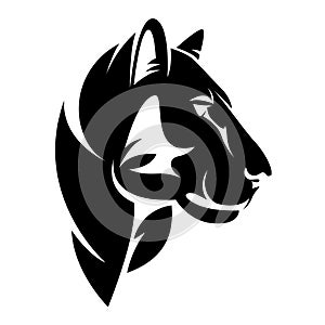 Lioness or wild puma black and white vector outline portrait. Animal head simple design.