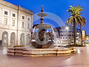 The lions fountain on Praca de Gomes at night, Oporto Portugal University Gomes Teixeira Square Fountain, Porto night cityscape