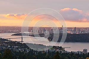 Lions Gate Bridge and Downtown Vancouver at sunrise