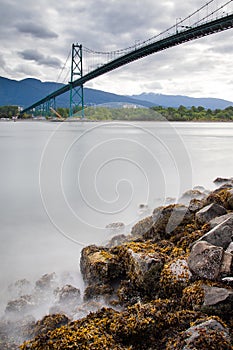 Lions Gate Bridge in Vancouver Canada at night from Stanley Park