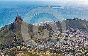 Lions Head and Robben Island view from Table Mountain, Cape Town