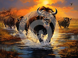 Lions hunting Buffalo