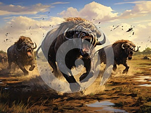 Lions hunting Buffalo