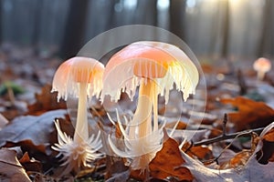 Lions mane mushrooms in the wild, hericium erinaceus. Neurogenesis development concept