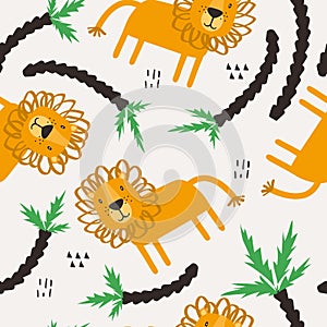 Colorful seamless pattern with happy lions and palm trees. Decorative cute background, funny animals