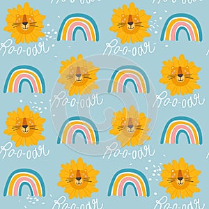 Colorful seamless pattern with lions, rainbow. Decorative cute background with funny animals, roar