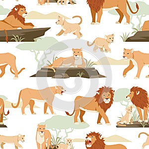 Lions seamless pattern. Jungle animals relax in savannah, lionesses, cubs, feline family, large predator, wild fauna