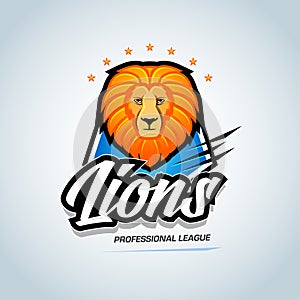 `Lions` sport team logo template. Lion head mascot. Sports athletic league event badge graphic, logotype, t-shirt graphic.