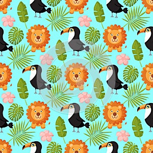 Lions, toucans and palm leaves seamless pattern. Jungle animals with tropical plants print.