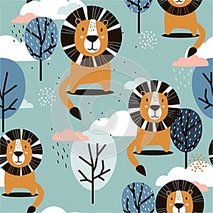 Lions, trees and clouds, decorative cute background. Colorful seamless pattern with happy animals