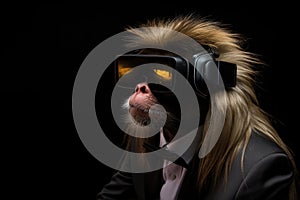 Liontailed Macaque In Suit And Virtual Reality On Black Background