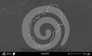 Liozna District outlined, Belarus. Grayscale