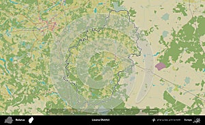 Liozna District outlined, Belarus. Topographic Humanitarian