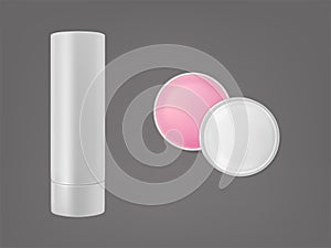 Lip balm stick and round shape top and side view.