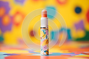 a lip balm tube against a colorful background