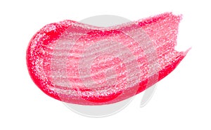 Lip gloss face make-up sample. Closeup shot of Pink color cosmetic liquid lipgloss smudge smear stroke. Make up smear