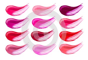 Lip gloss face make-up samples palette. Set of colorful cosmetic liquid lipgloss in different colour smudge smear strokes