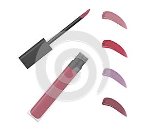 Lip gloss or liquid lipstick open vial with product smears colour shade palette isolated on white background  vector illustration