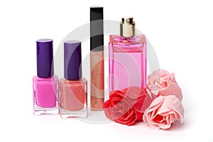 Lip gloss, perfume, nail polish bottles