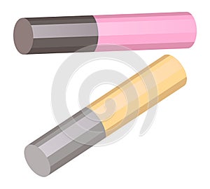 Lip gloss pin and yellow isolated at white, 3d icons of tubes with lipstick, cosmetics concept